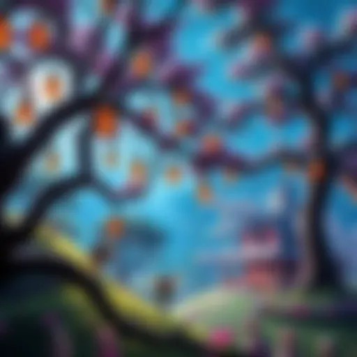 A colorful fairy landscape filled with magical creatures, sparkling lights, and whimsical trees.