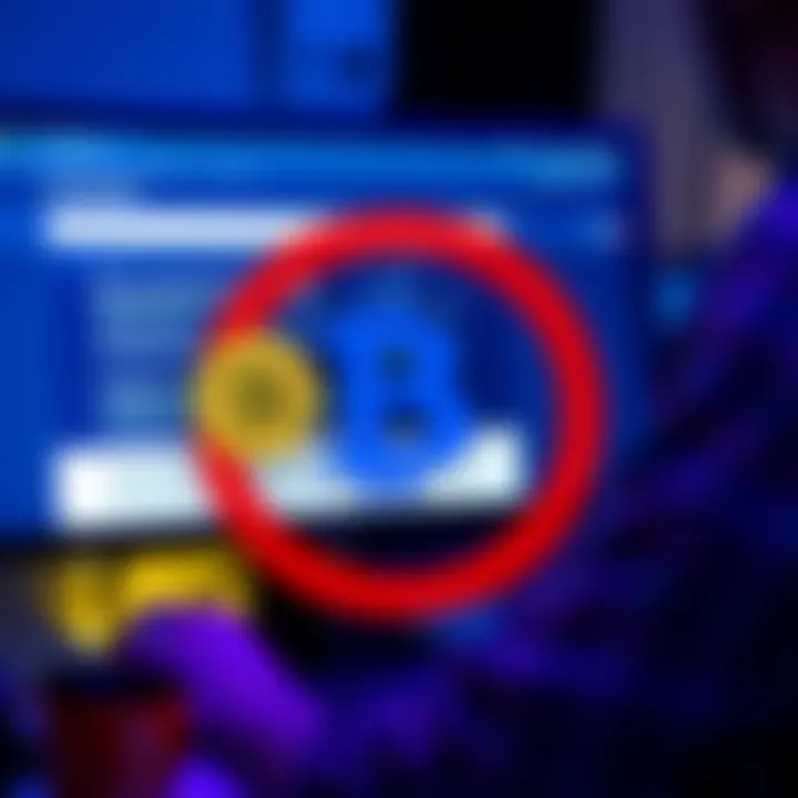 A user searching online sees a fake BlueWallet site at the top of search results on a computer screen, while a Bitcoin symbol is displayed, highlighting the danger of scams.