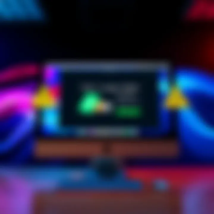 A computer screen displaying a fraudulent Ledger Wallet app on a Mac, with warning signs around it.