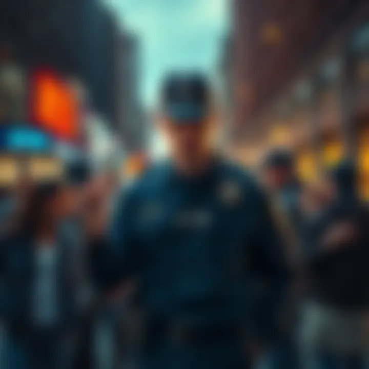 A person in a police uniform, pretending to be a detective, holding a smartphone and looking suspicious while standing near a group of people involved in cryptocurrency.