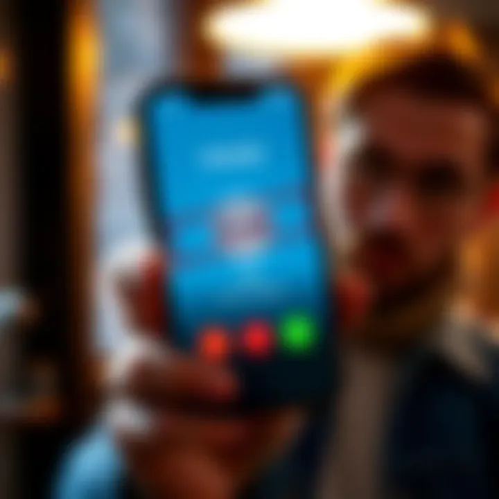 A phone displaying a suspicious call with a Revolut logo and Google Meet icon, indicating a scam, with a concerned person in the background looking at the phone.