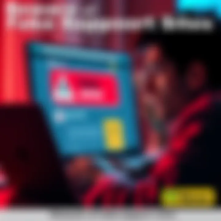 Beware of Fake Support Sites A person looking concerned while viewing a fake Ledger support website on a laptop. Warning signs are highlighted on the screen.