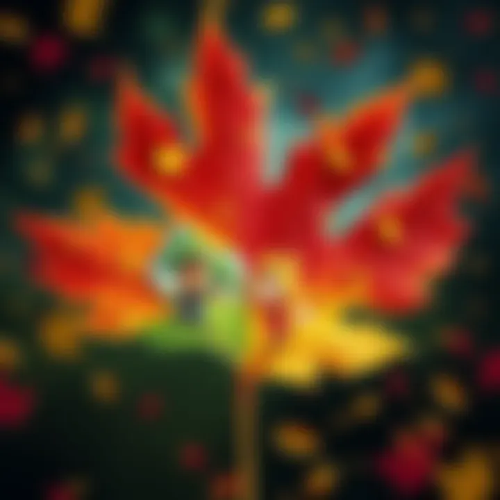 Colorful fall leaf artwork depicting scenes from Animal Crossing, showcasing creativity and friendship.
