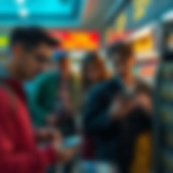 People looking worried while checking prices on their phones in a store