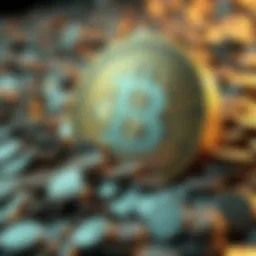 Falling Bitcoin Symbol A large Bitcoin symbol is sinking into a pile of coins, representing the decline of cryptocurrency as a speculative asset.