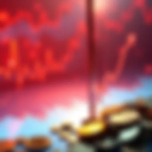 A graph showing a decline in cryptocurrency values over time, with coins scattered around.