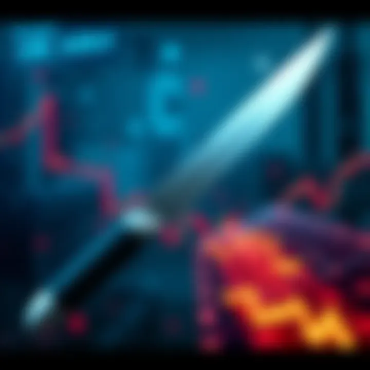 A graphic showing a knife falling through financial charts, symbolizing market downturns and investment risks.