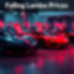 A group of Lamborghini cars with price tags showing significant drops, reflecting the current market decline.