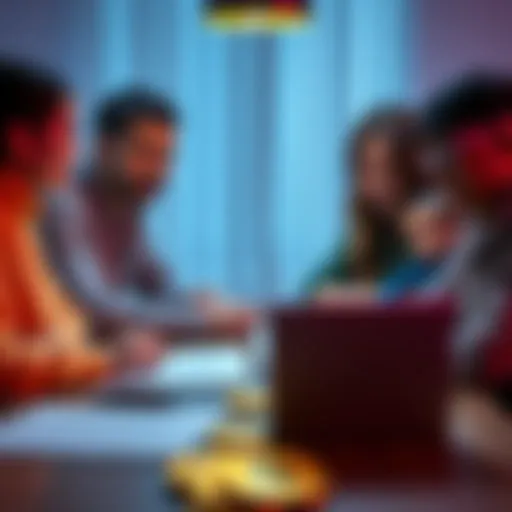 A family sitting around a table discussing Bitcoin access, with a laptop and paper documents in front of them.