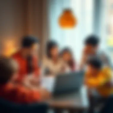 A family gathered around a table, discussing how to securely pass on Bitcoin assets, with a laptop and documents visible.