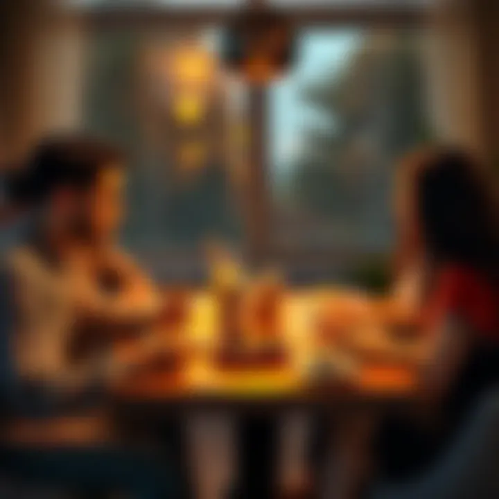 A family gathered around a table discussing cryptocurrency investments with open expressions.