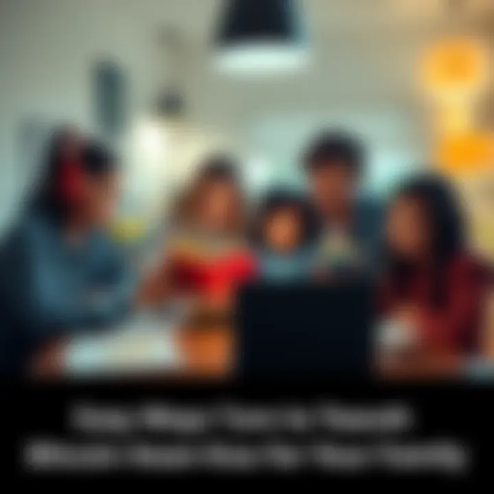 A family gathered around a table, exploring books and apps about Bitcoin together, with notes and a laptop open.