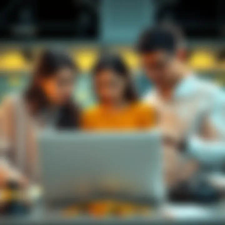 A family standing together with a laptop, looking concerned while discussing their missing Bitcoin funds with a lawyer.
