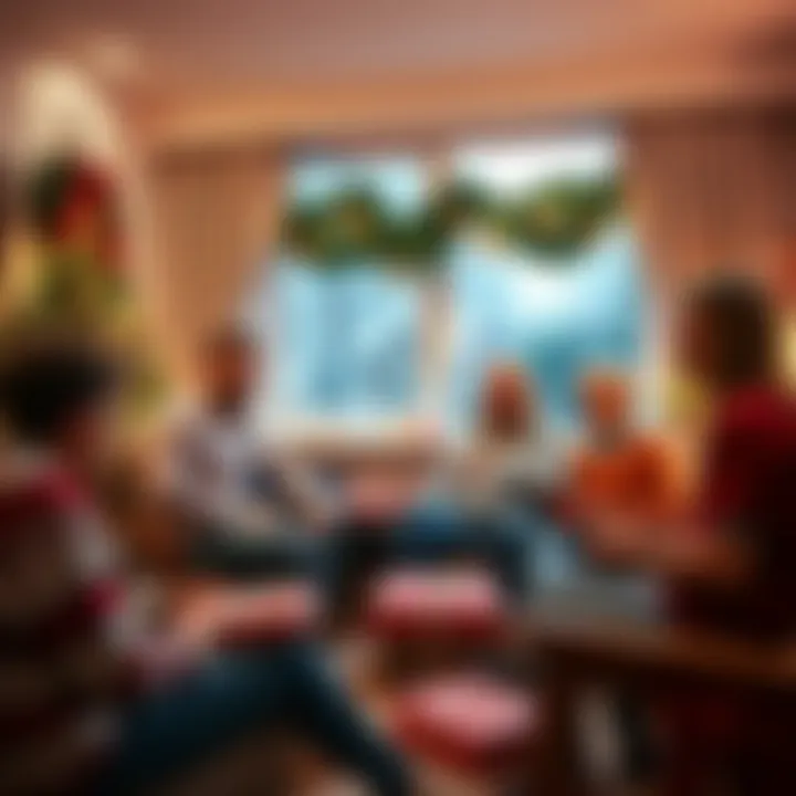 Family Christmas Gathering A funny family Christmas intervention scene with people laughing and sharing gifts in a cozy living room decorated for the holidays.