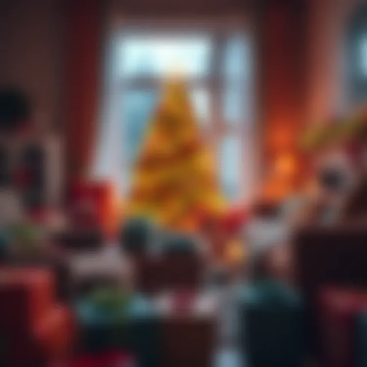 A cozy living room with a Christmas tree surrounded by colorful wrapped presents, showing festive decorations and a warm holiday atmosphere.