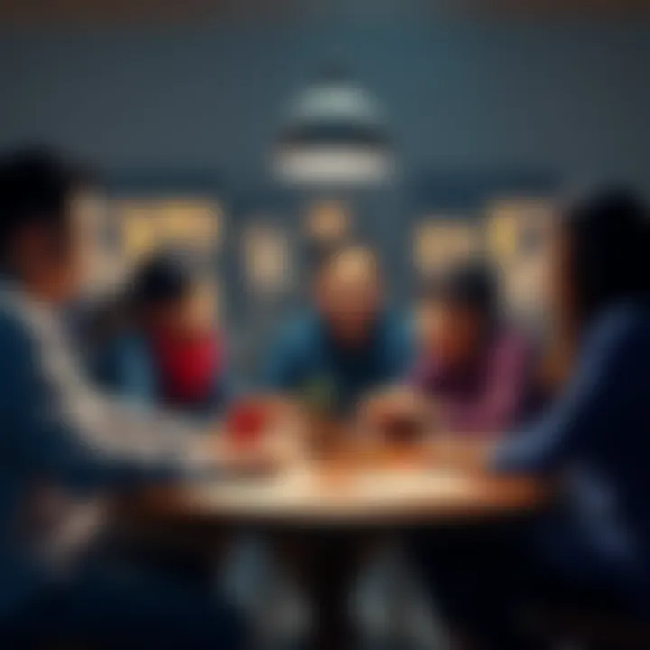 Family Discussion on Crypto Culture A family gathered around a table engaged in a serious discussion about cryptocurrency and investments, with young people showing interest in digital assets like shitcoins over traditional investments.