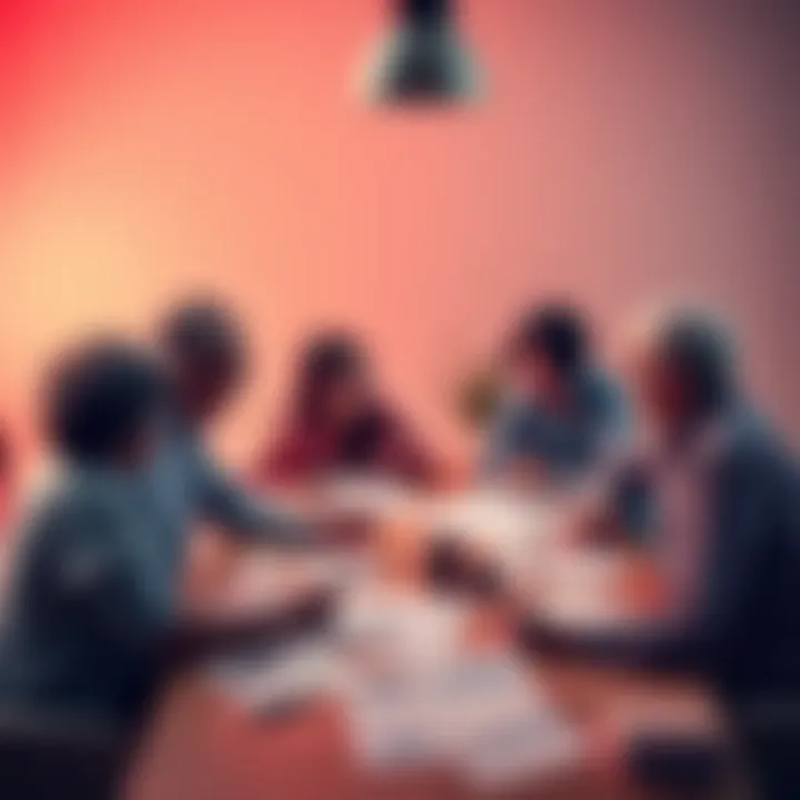 Family discussing future finance A family sitting around a table discussing finances and planning for a long life, with charts and papers spread out