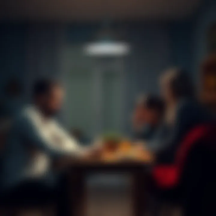A worried family sitting around a kitchen table, discussing financial problems after a failed crypto investment.