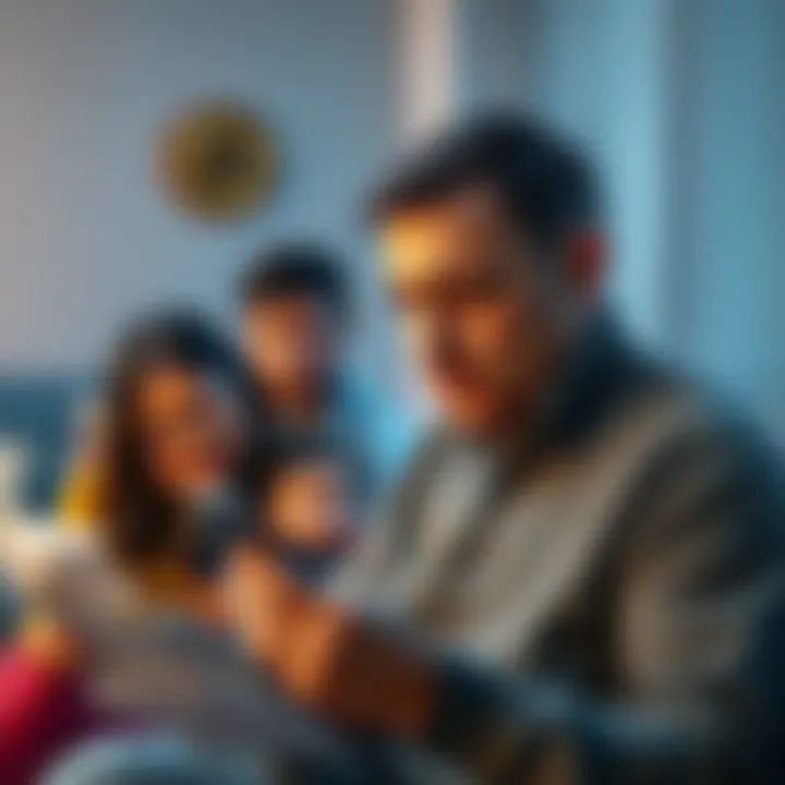A worried man looking at bills while his family is in the background. He holds a phone showing Bitcoin prices. The scene reflects the stress of financial hardship.