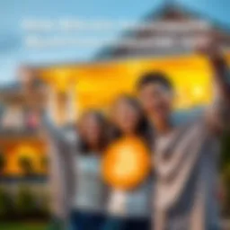 A happy family smiling and celebrating in front of their home, symbolizing financial stability through Bitcoin investments.