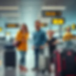 A family with luggage looking upset at an airport check-in counter, showing signs of frustration over a denied booking.