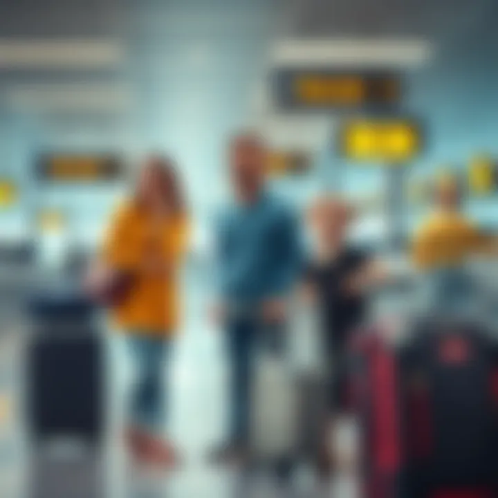 Family frustrated at an airport A family with luggage looking upset at an airport check-in counter, showing signs of frustration over a denied booking.