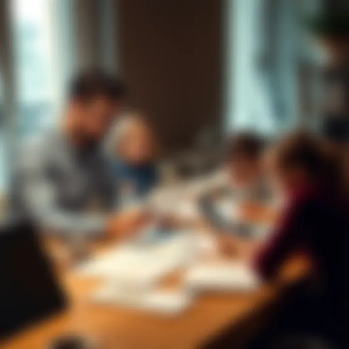 A father and children discussing investment strategies at a table with charts and laptops, showcasing teamwork in building wealth