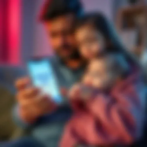 A concerned parent holding their baby while looking at a frozen bank account on a smartphone screen, expressing worry over their financial situation.