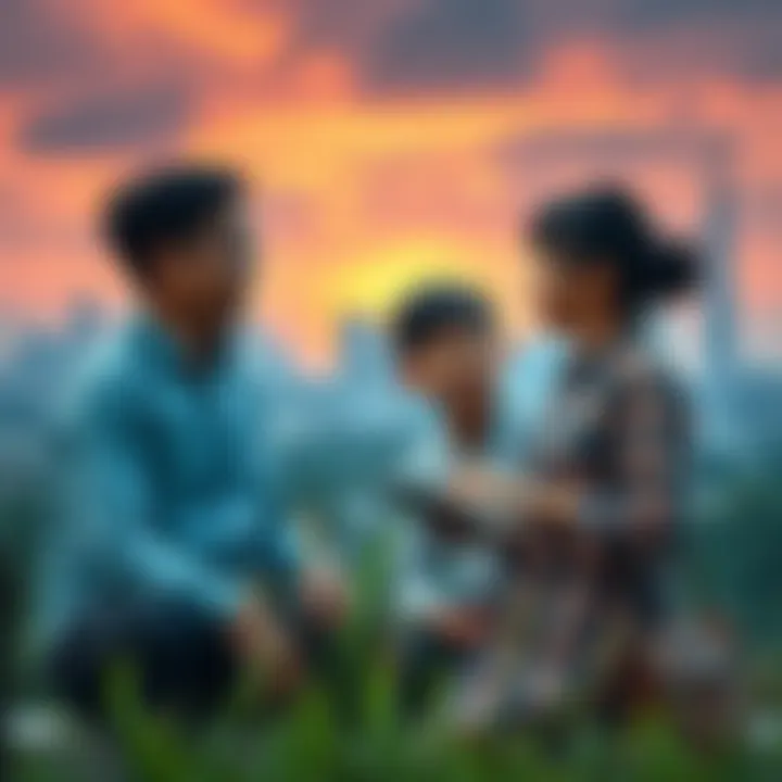 A family of three discussing their plans to relocate for a sustainable lifestyle, with a city skyline in the background.