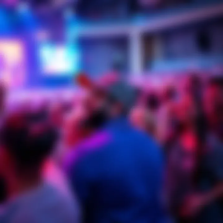 A person wearing Hedera merchandise enjoys a comedy show, surrounded by a laughing crowd.