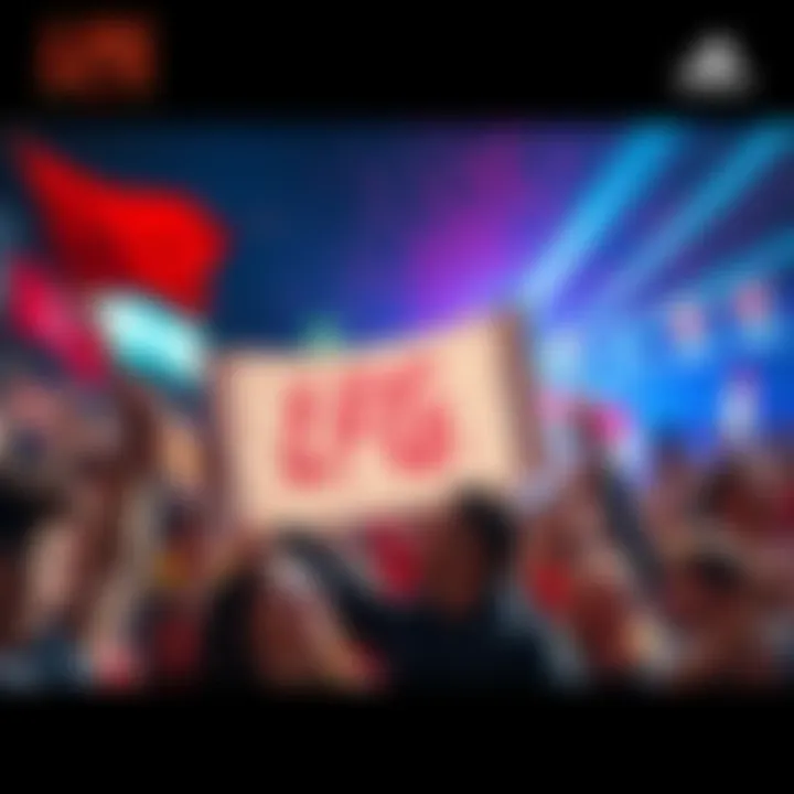 Fans Gather Excitedly for LFG A diverse group of enthusiastic fans holding banners and cheering together, embodying the spirit of LFG with smiles and energy.