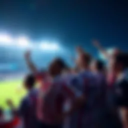 A diverse group of fans in jerseys celebrating at a soccer match during the World Cup 2026 in the U.S., with stadium and cityscape in the background.