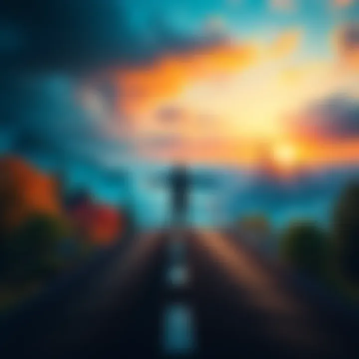 A person standing at a crossroads, one path leading to a magical forest and the other to a city skyline, symbolizing the clash of fantasy and reality.