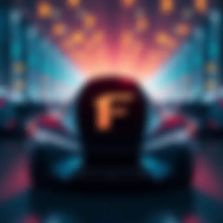 Faraday Future logo with cryptocurrency symbols and electric vehicles in the background