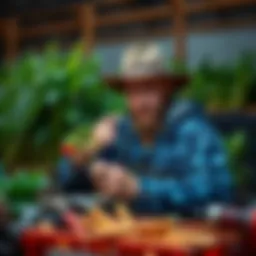 A farmer examining crops with a puzzled expression, surrounded by tools and farming equipment, representing issues with farming rewards.