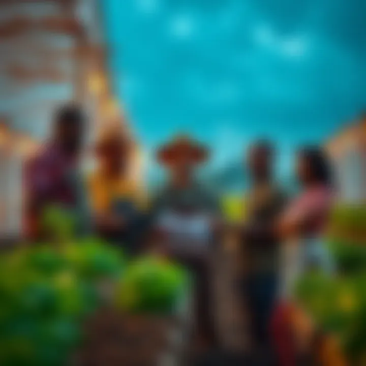 Six workers on a small farm discussing plans for a new stand to support their growing operations.