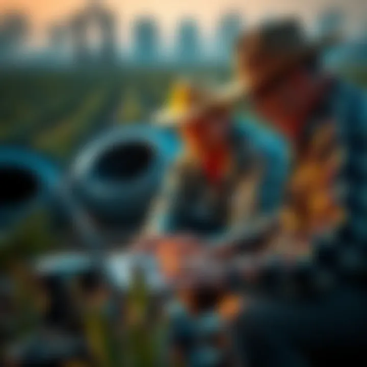 A group of farmers gathered around a laptop, checking for software updates to ensure their farming operations are secure.