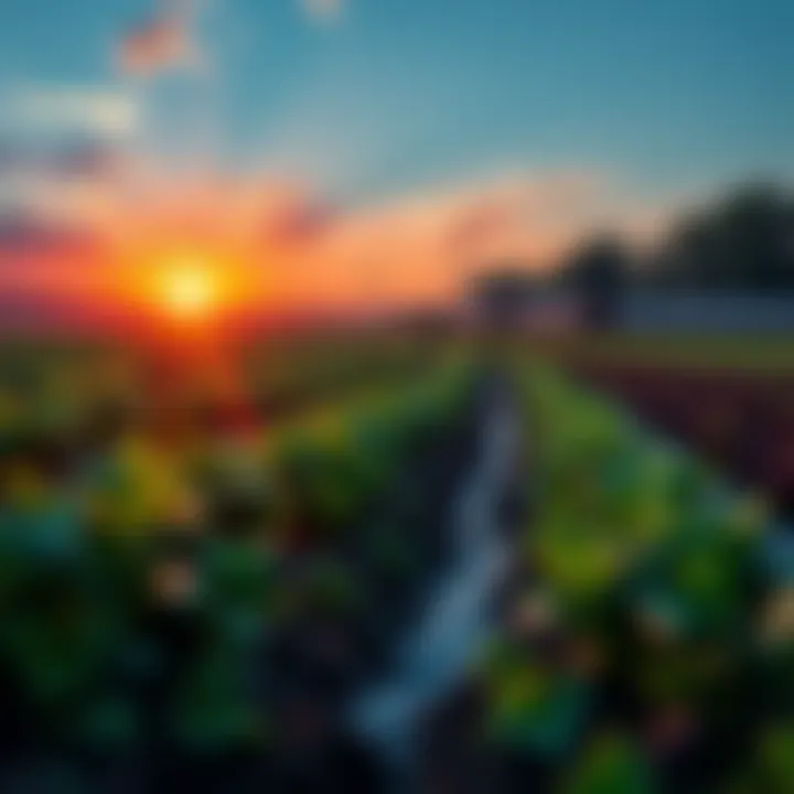 An innovative agricultural scene showcasing AI technology integrated into farming practices with a sunset backdrop.