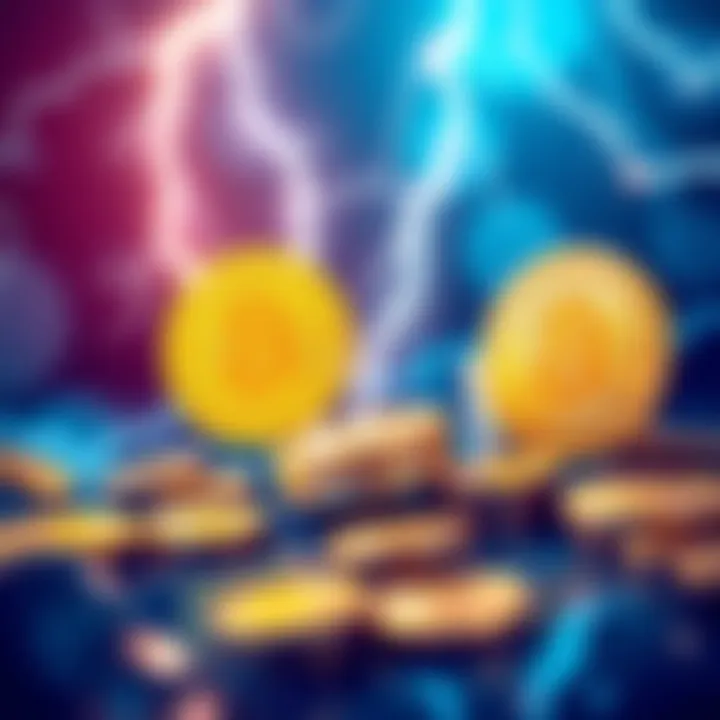 A digital illustration showing quick Bitcoin payments through the Lightning Network with lightning bolts and coins.