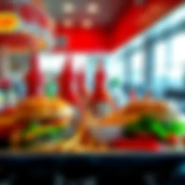 A tray with burgers and fries surrounded by several bottles of ketchup and other condiments