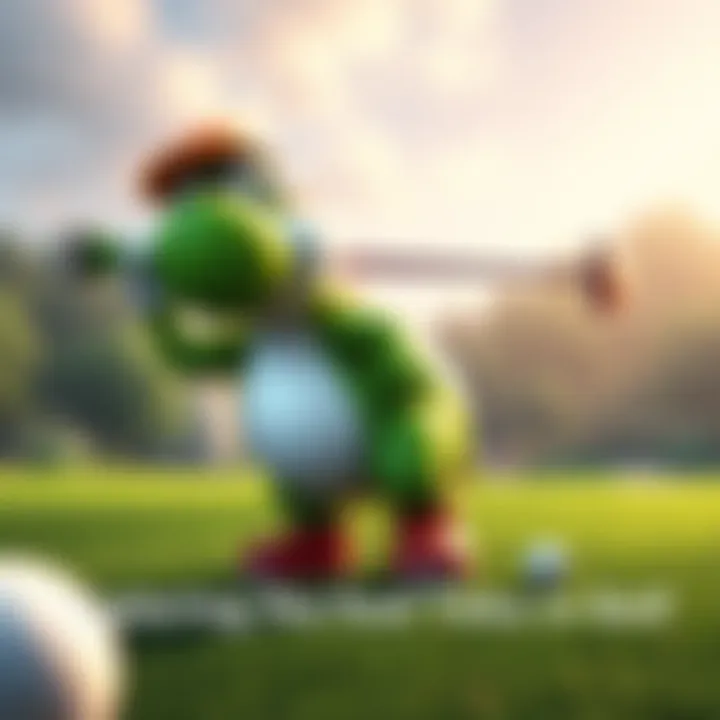 Fat Yoshi character swinging a golf club on a green golf course