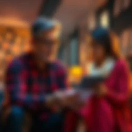 A father shows his wife information about investing in Bitcoin for their children's savings
