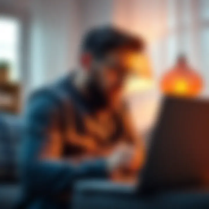 A father looks at a laptop showing Bitcoin charts while thinking about buying a house for his family