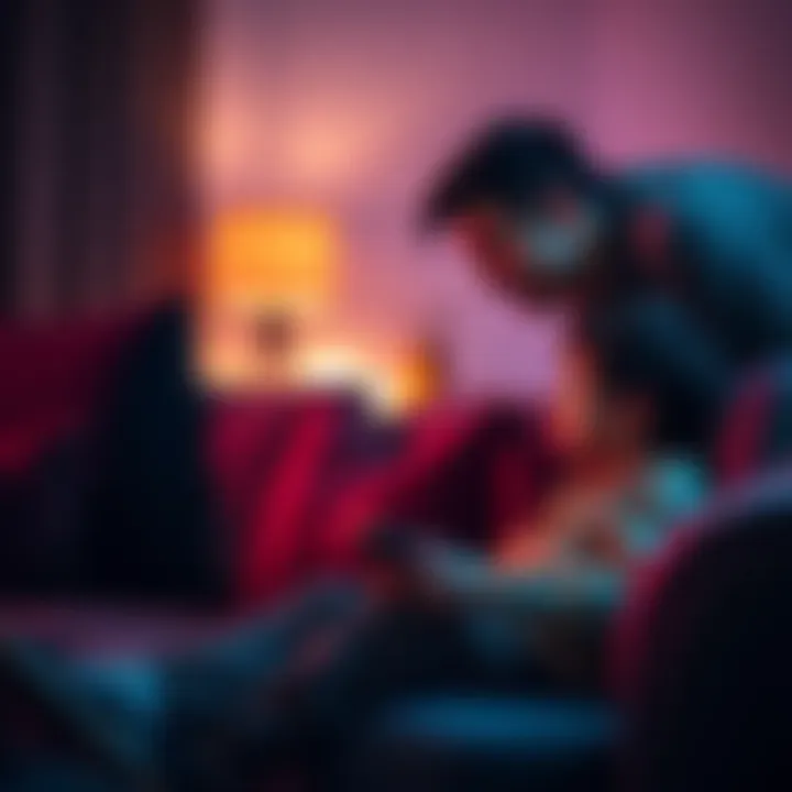 A father leaning over a couch, asking his son if he is winning while he plays video games, showcasing modern family dynamics.