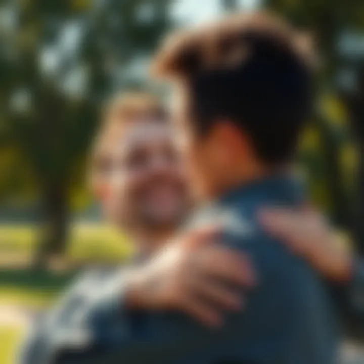 A father smiling down at his son, exuding pride and joy in a sunny park setting, capturing the essence of encouragement and support.