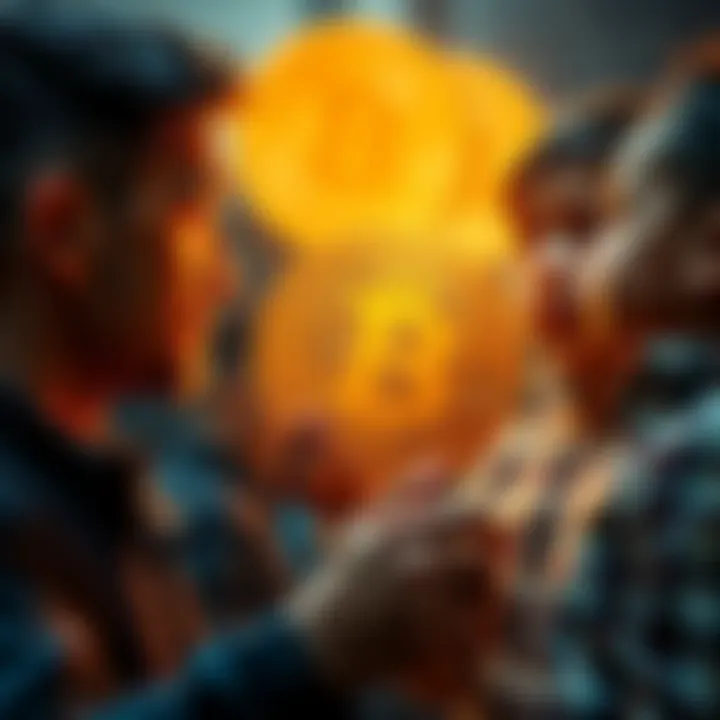 A father holding a Bitcoin symbol while looking at his two young sons, symbolizing his commitment to their future.