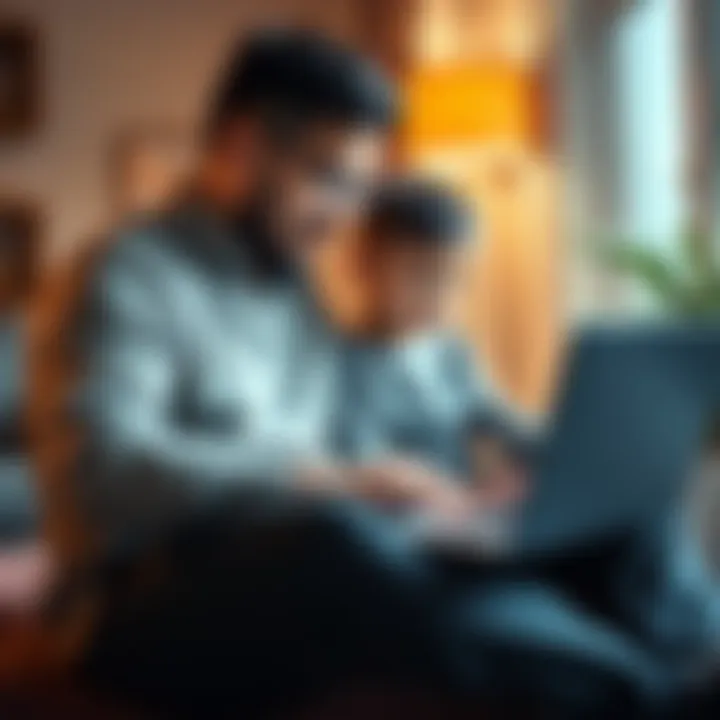 A father and his child sitting together, looking at a laptop screen displaying Bitcoin charts, discussing investing in cryptocurrency.