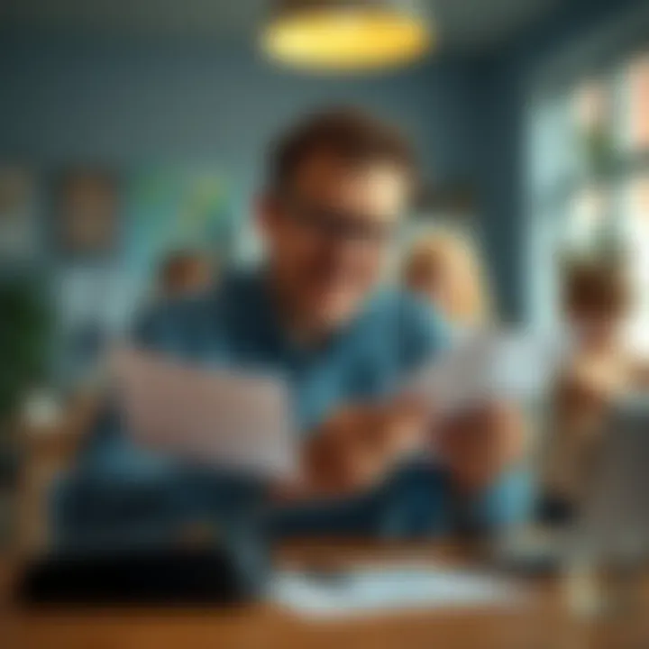 Father planning for college fund A father sitting at a table, reviewing financial documents with a calculator, while his children play in the background, symbolizing the importance of planning for their education.