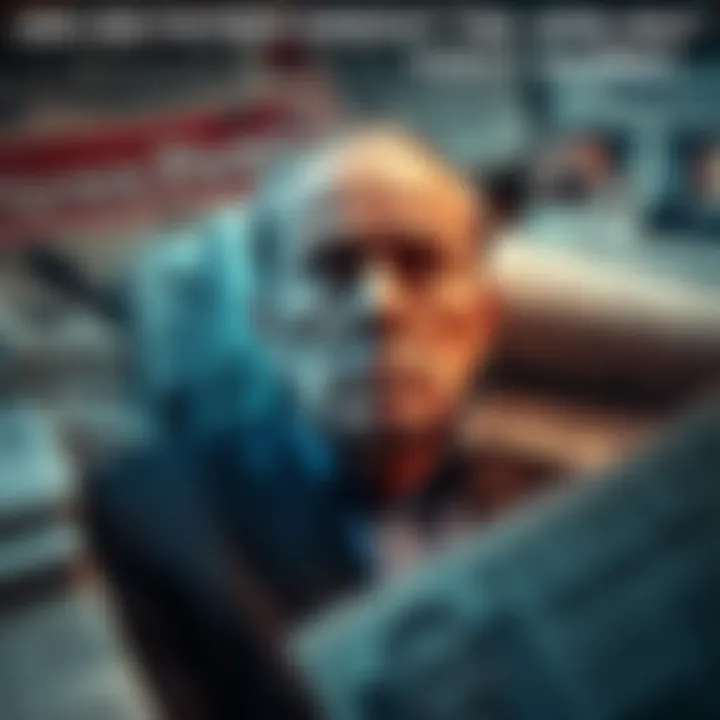 A father with a worried expression, deep in thought about his son's arrest, surrounded by newspaper headlines and legal documents.