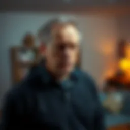 A father with a worried expression, standing in a living room, hinting at family troubles